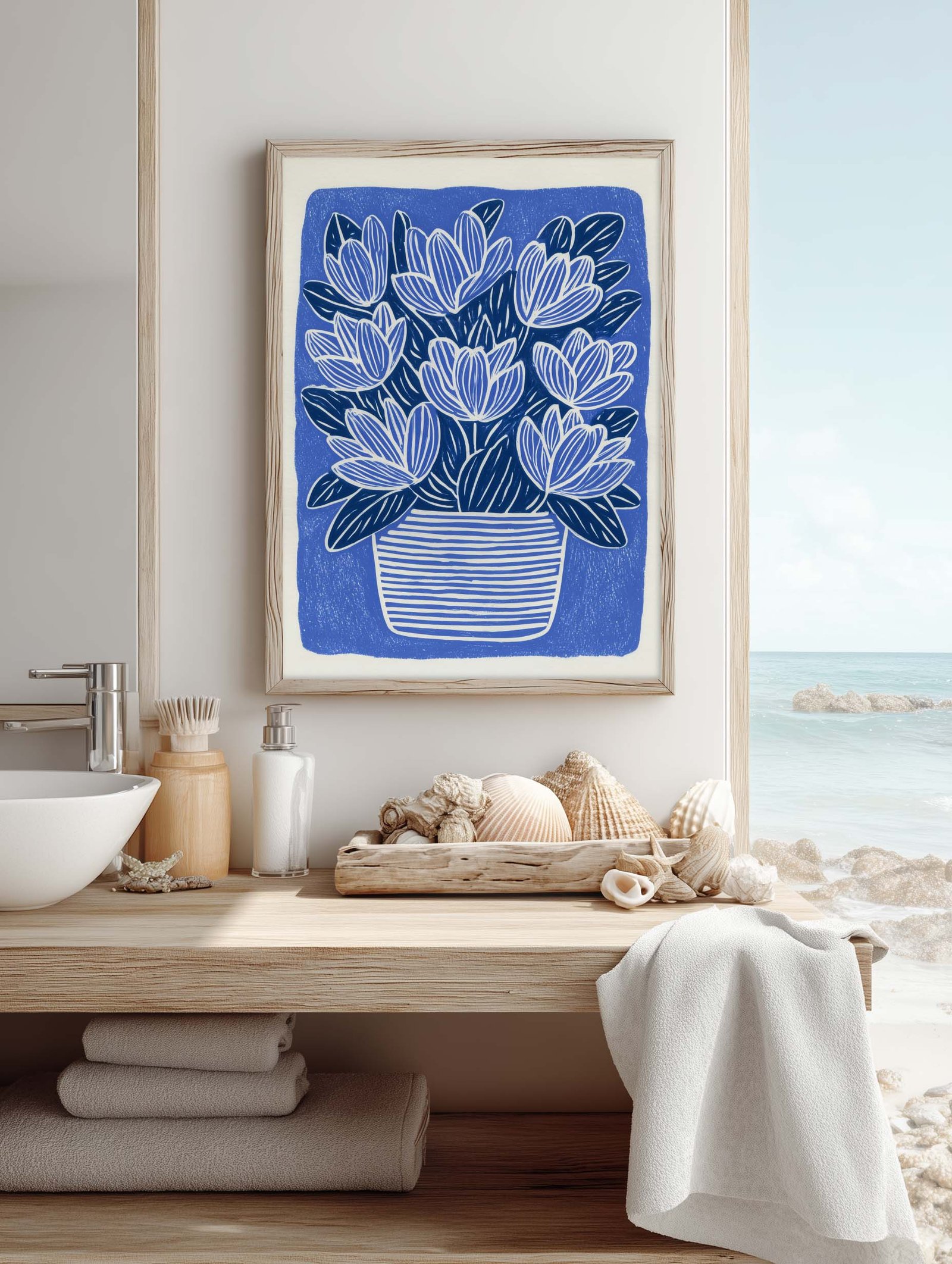 Blue Lotus Flower Linocut Print - Image 2