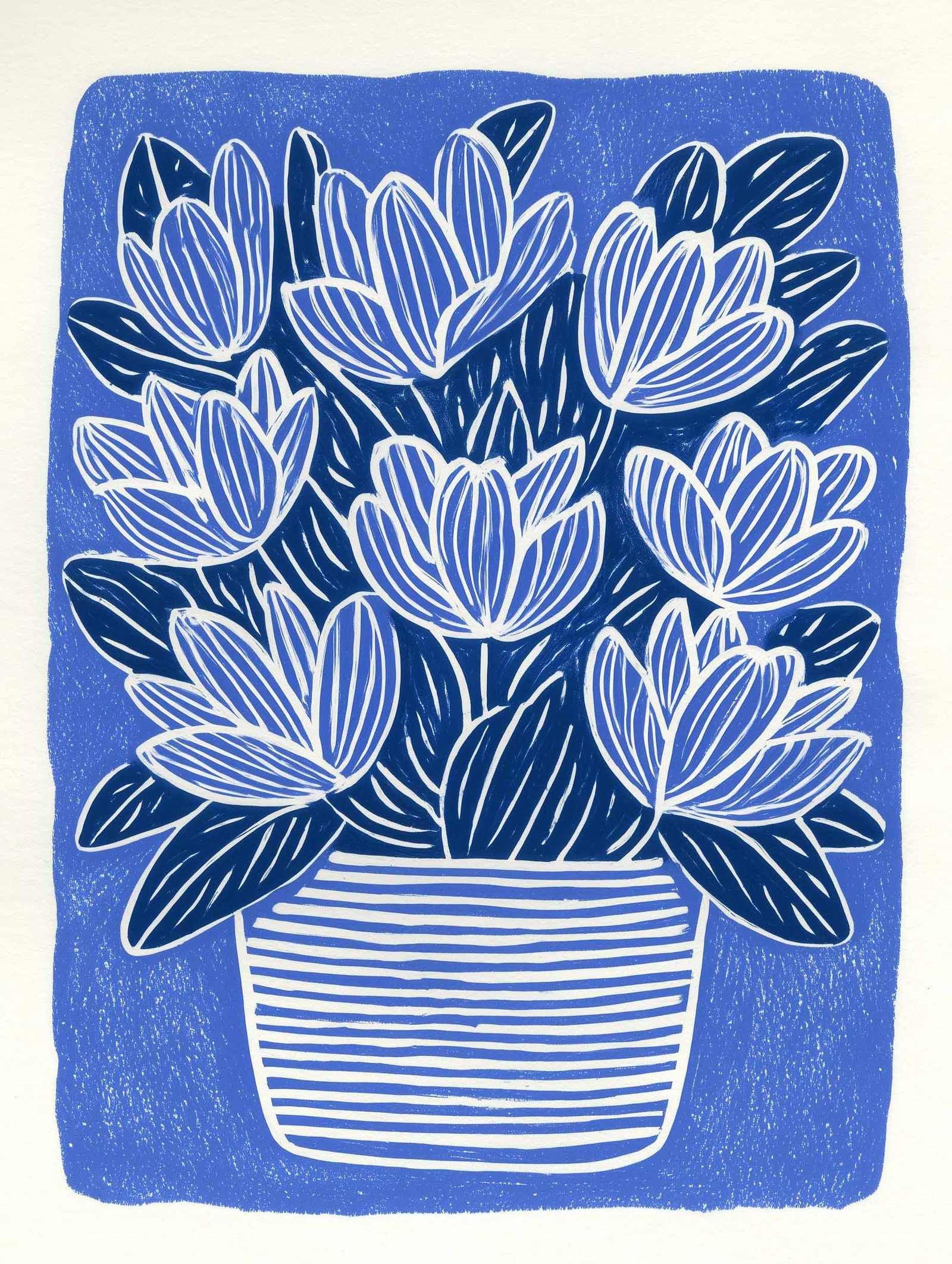 Blue Lotus Flower Linocut Print