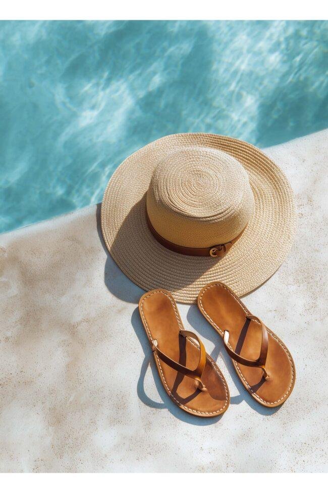 Straw hat and sandals by pool
