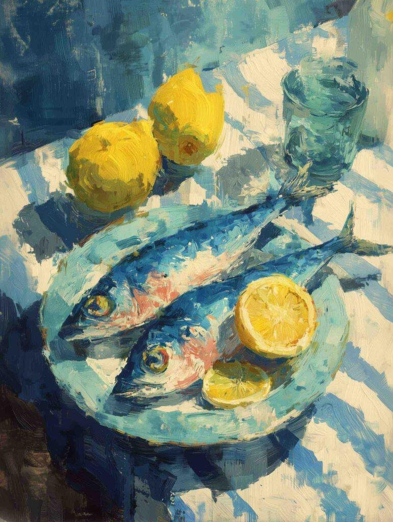 Ghibli-styled gouache painting poster of two sardines and fresh lemons on a plate