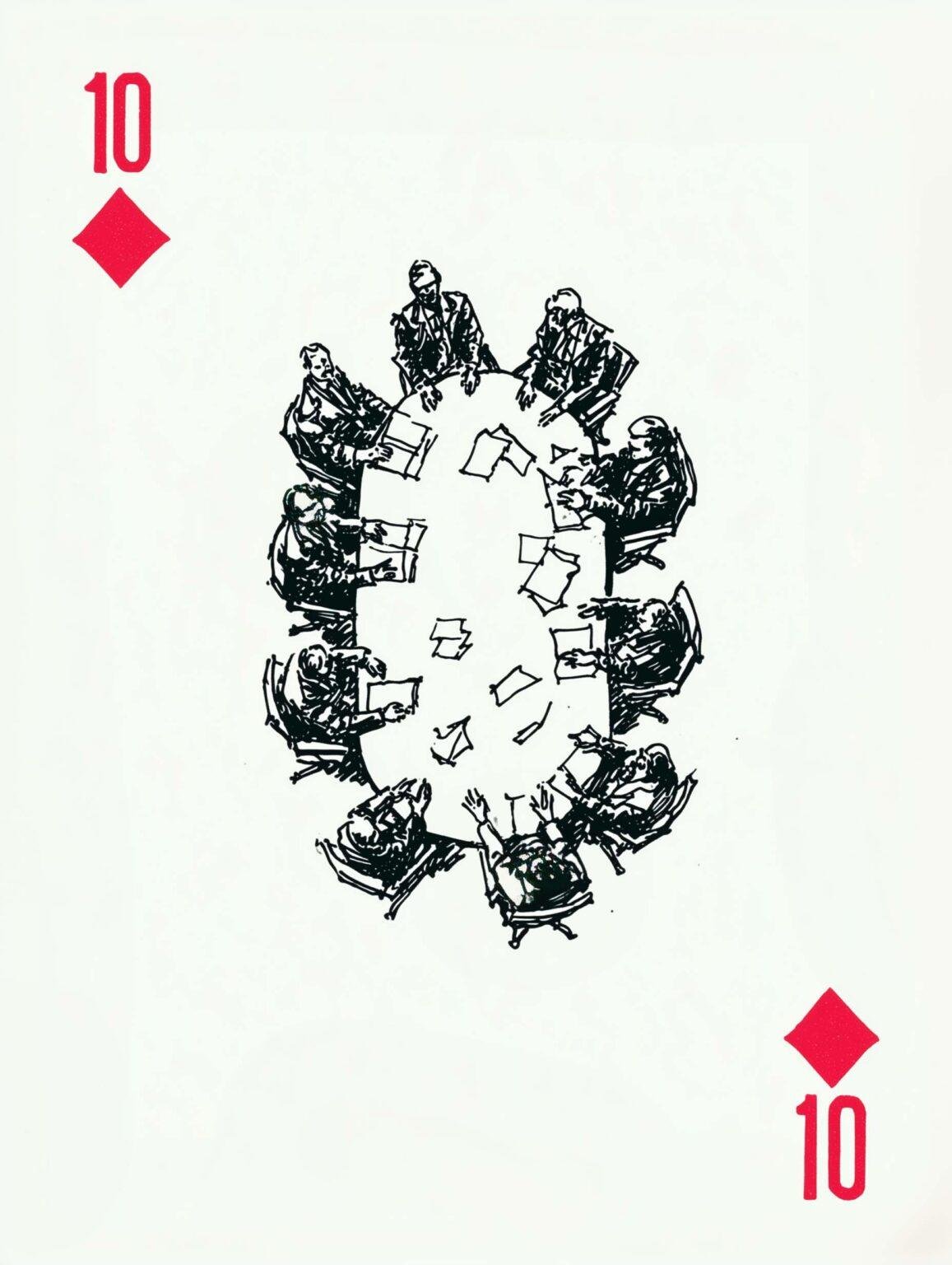 Poster of a vintage 10 of Diamonds with a meeting sketch