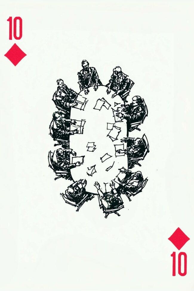 Poster of a vintage 10 of Diamonds with a meeting sketch