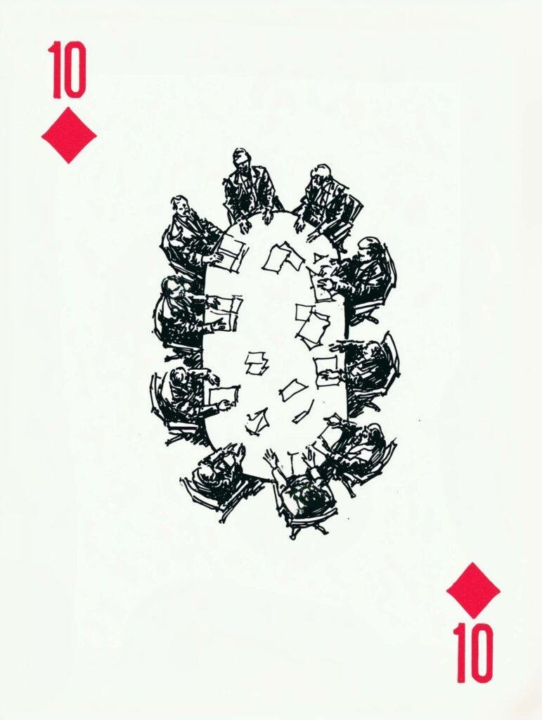 Poster of a vintage 10 of Diamonds with a meeting sketch