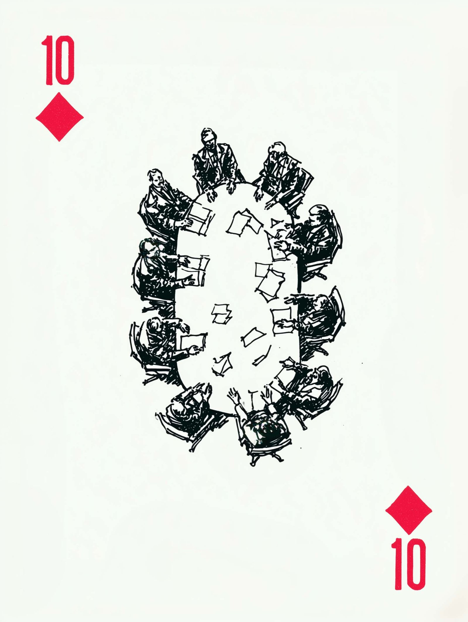 Poster of a vintage 10 of Diamonds with a meeting sketch