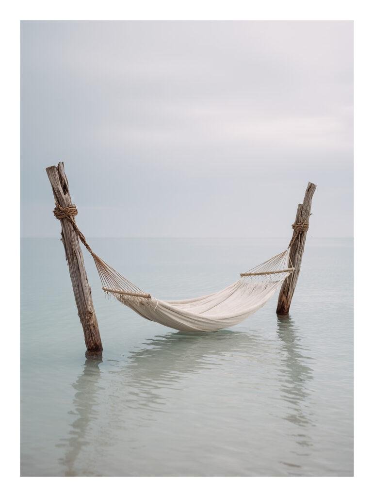 Hammock over calm ocean poster 