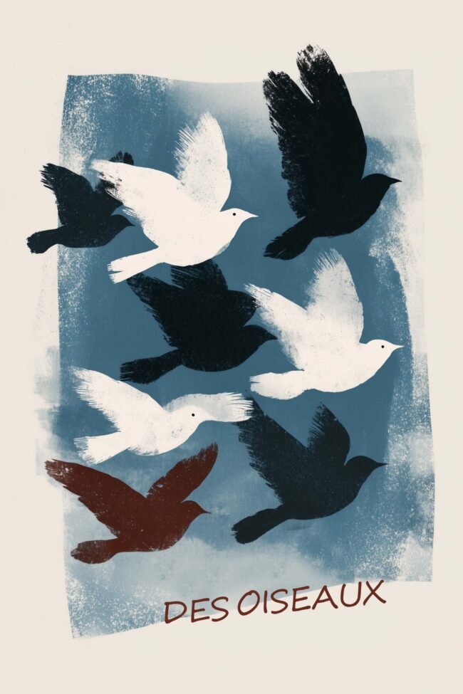 Stylized birds on dusty blue