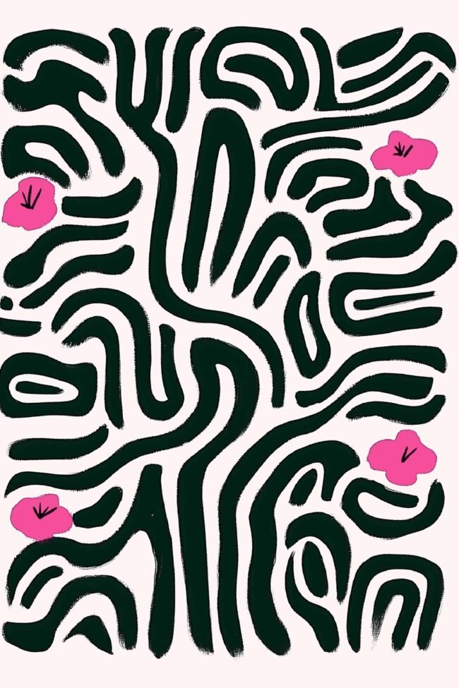 Bold green brushstrokes with pink blossoms