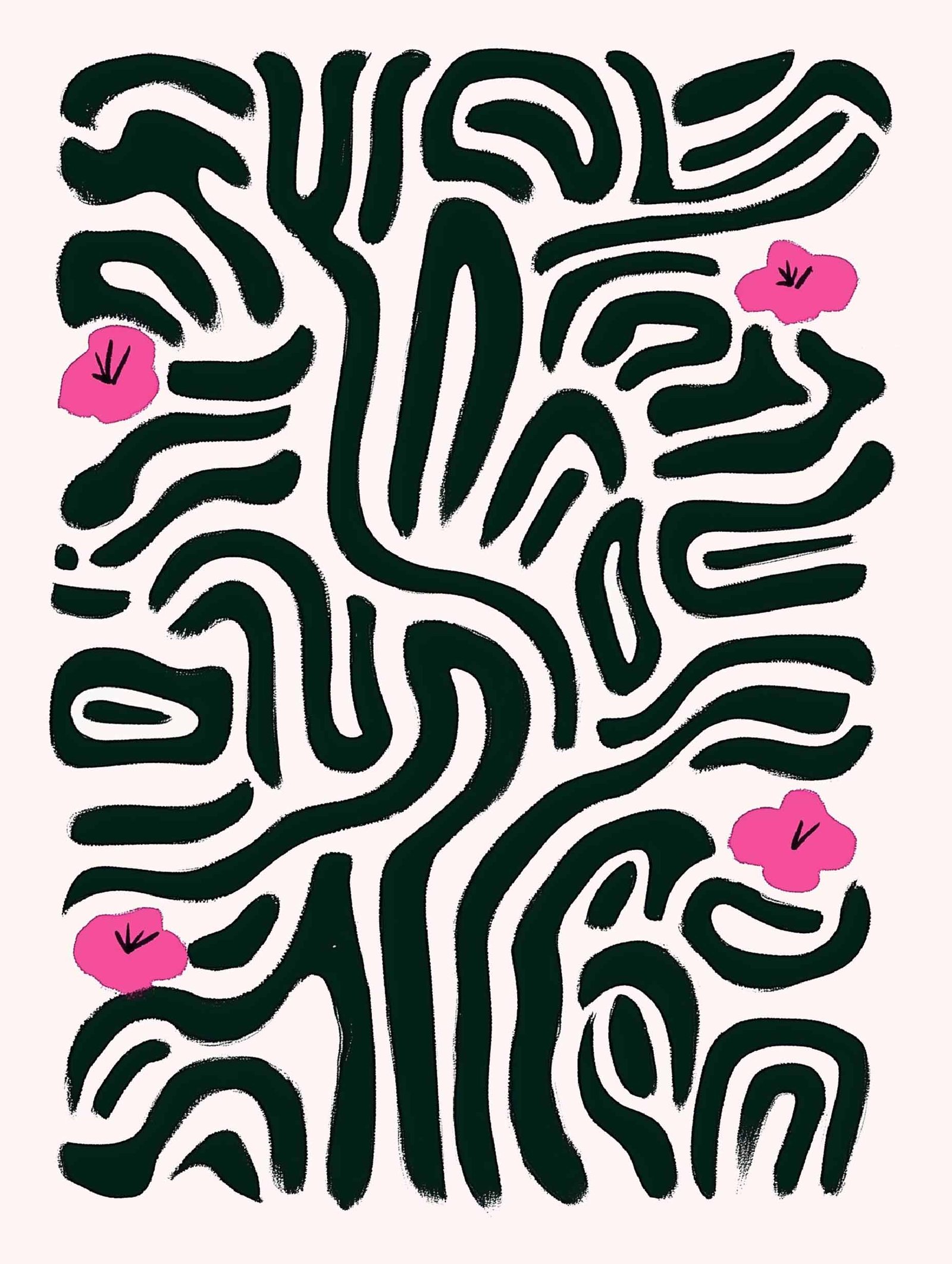 Bold green brushstrokes with pink blossoms