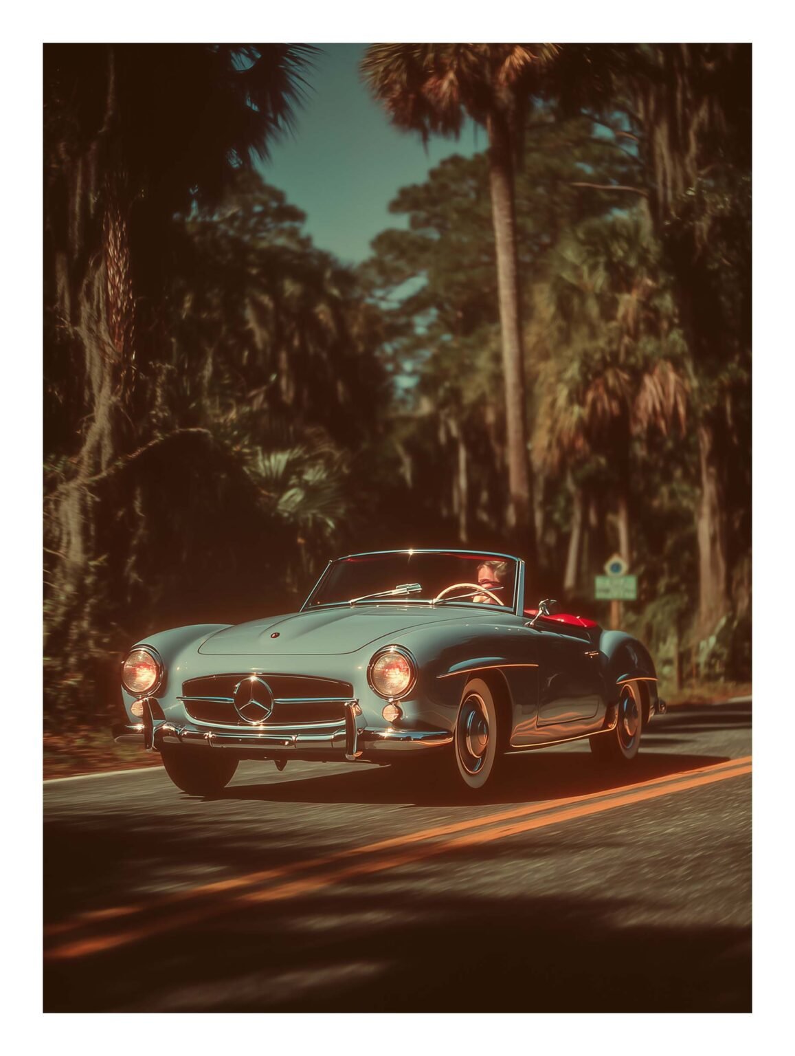 Classic roadster on a palm-lined Florida highway