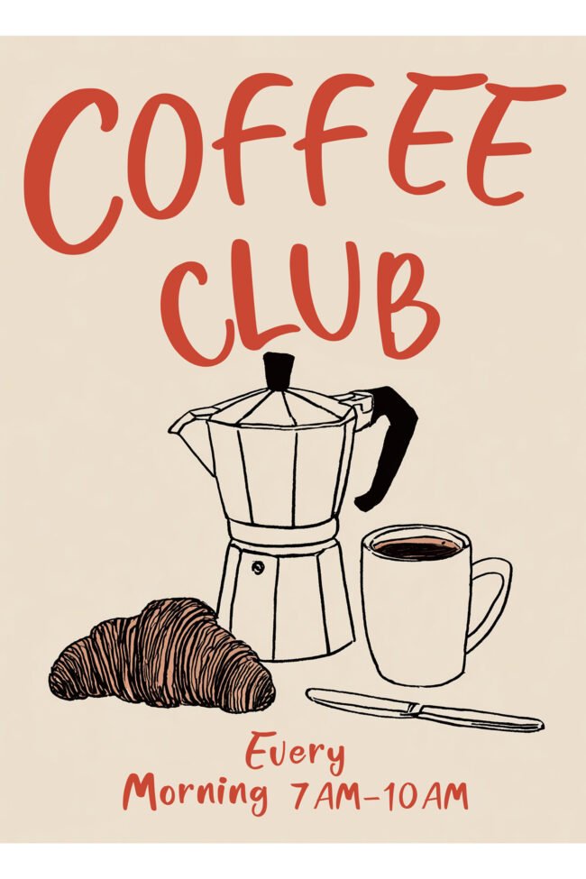 Moka pot, croissant and coffee cup