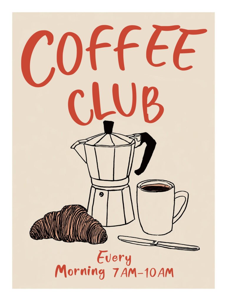 Moka pot, croissant and coffee cup