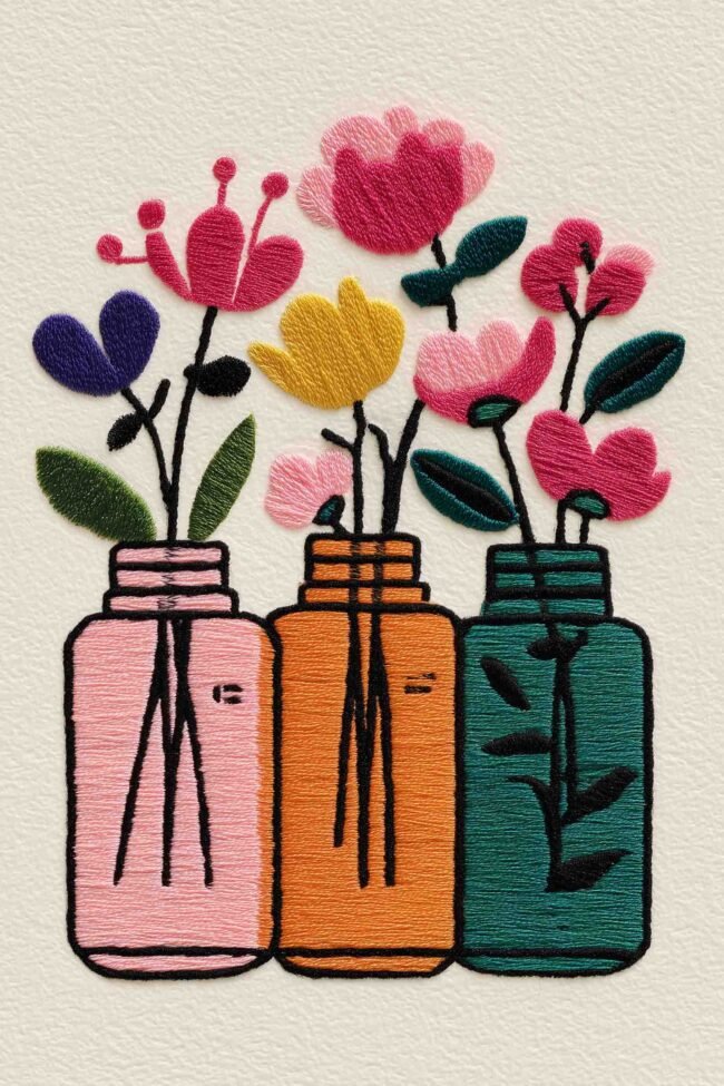 Three whimsical vases with embroidered flowers