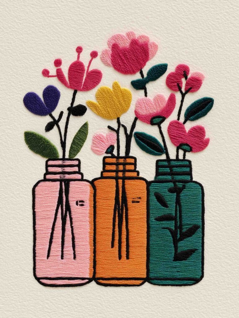 Three whimsical vases with embroidered flowers