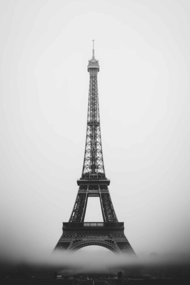 Black and white Eiffel Tower in soft tones