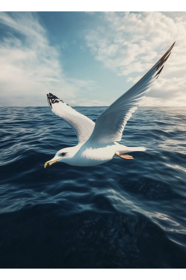 Seagull above blue ocean waves