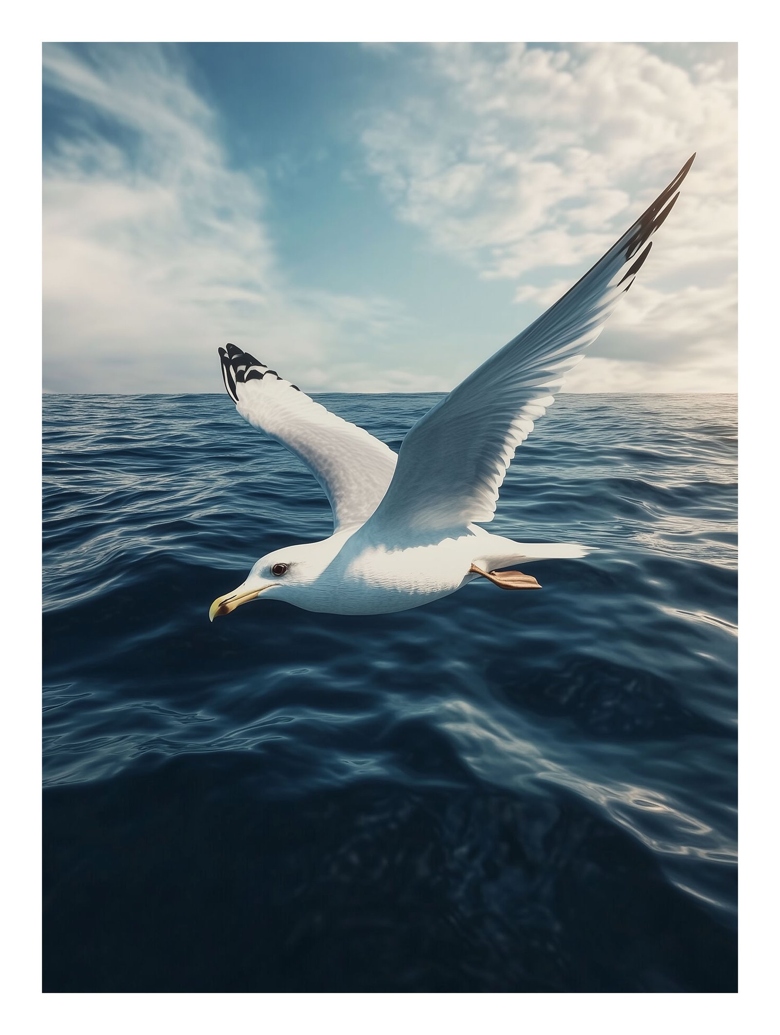 Seagull above blue ocean waves