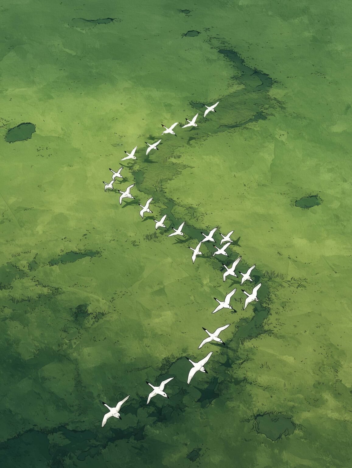 Flamingos flying across green grasslands