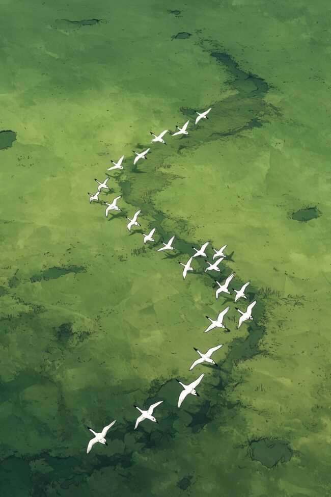 Flamingos flying across green grasslands