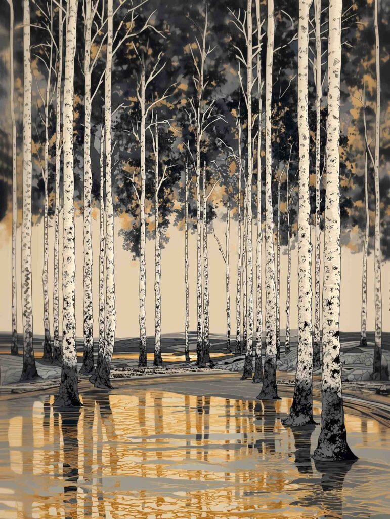 Birch forest with golden evening reflections