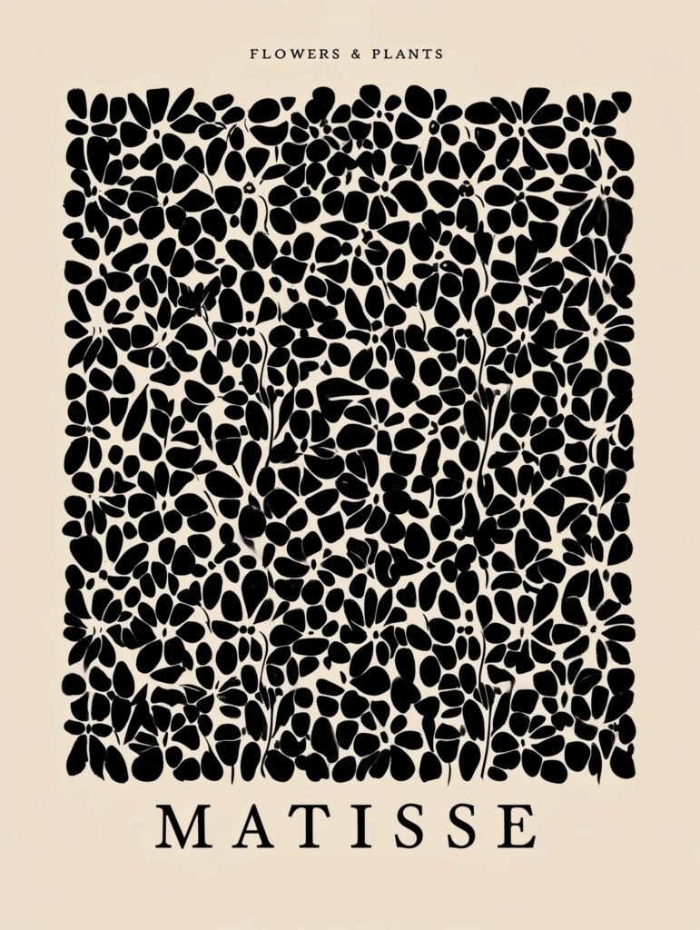 Black floral cut-outs on a cream background