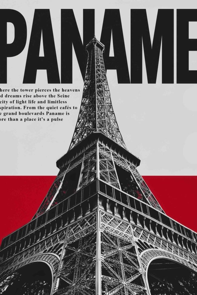 Bold black-and-white tower with red base block