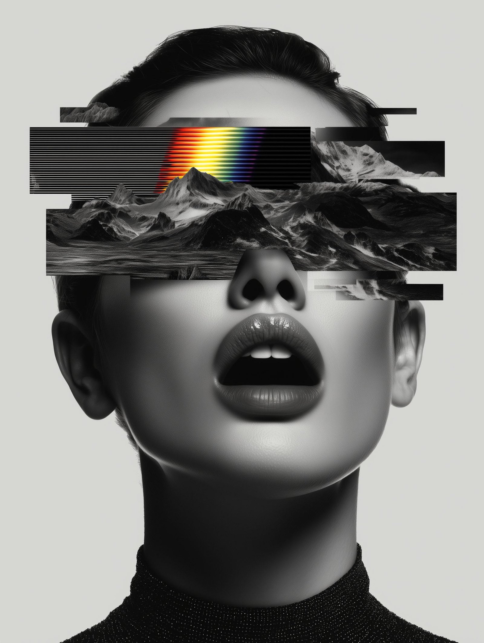 Grayscale woman face with layered glitch