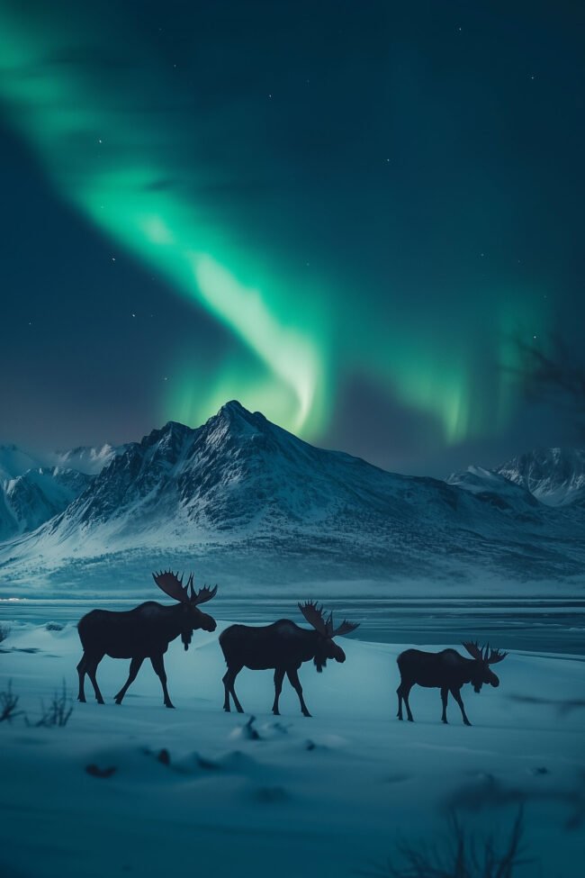 Poster of three moose beneath the northern lights in snowy mountains