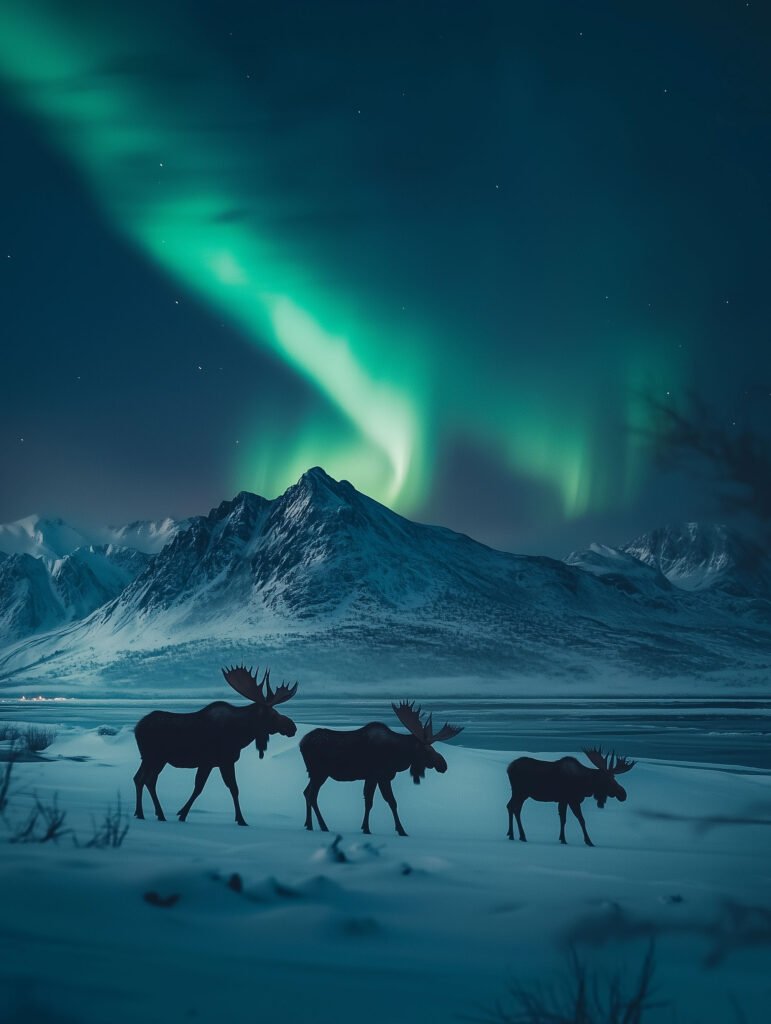Poster of three moose beneath the northern lights in snowy mountains