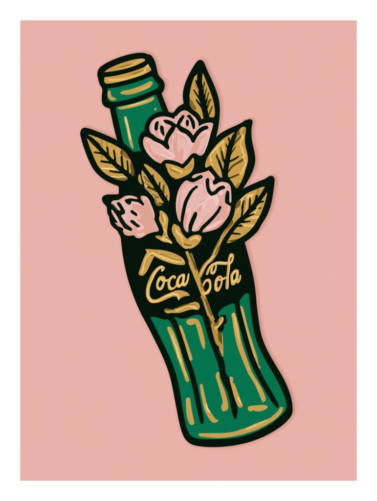 Flowers in green soda bottle