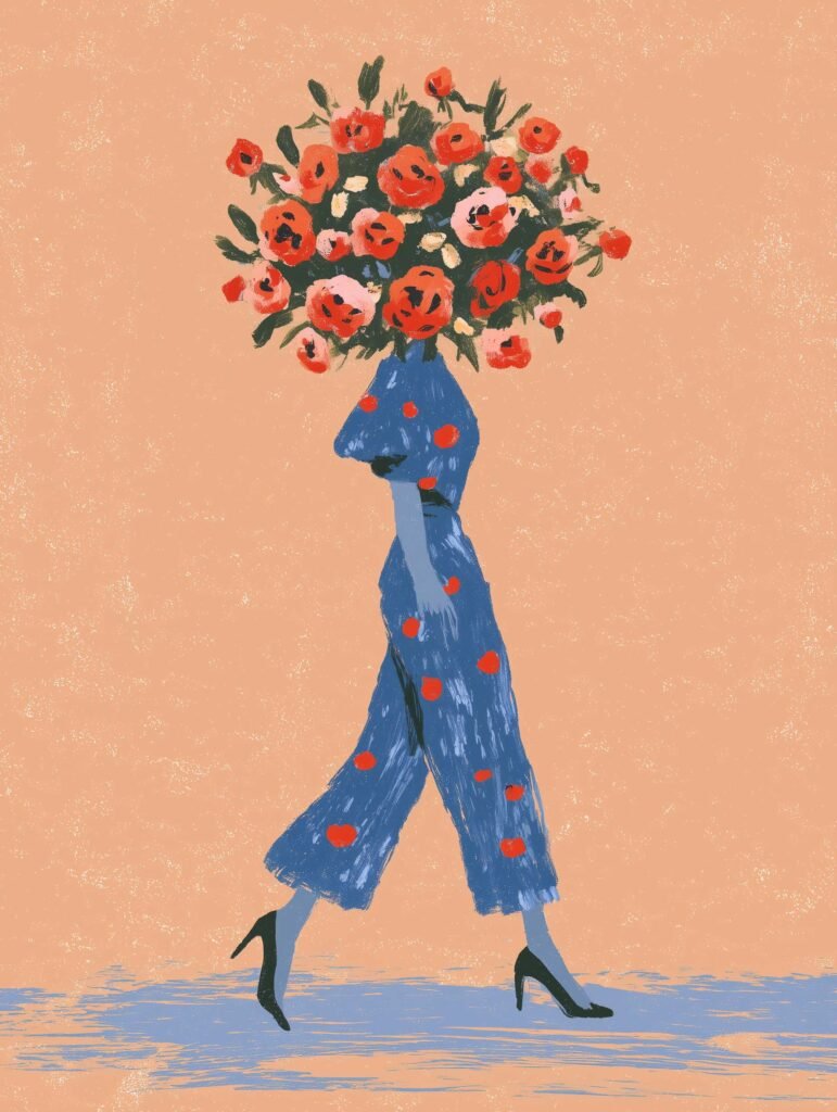 Figure in blue with floral bouquet head