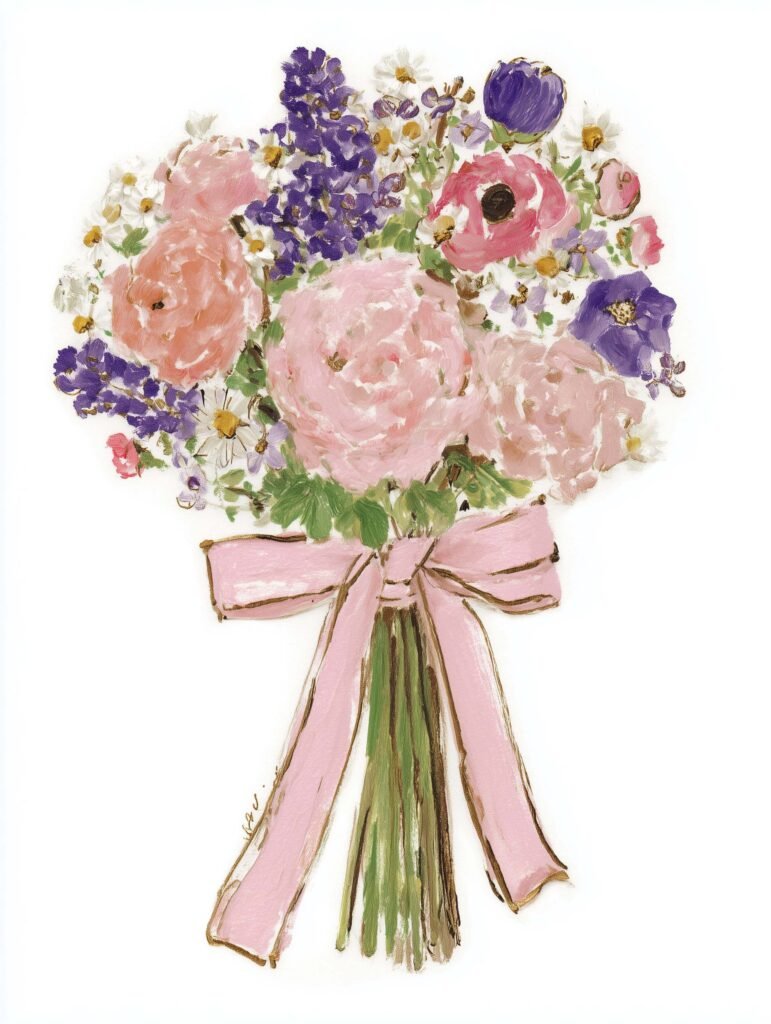 Poster of a pastel wedding bouquet with a ribbon