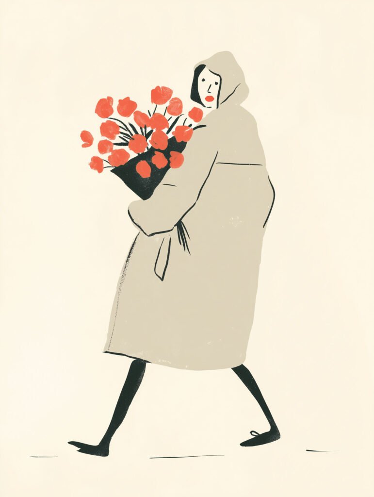 Naïve art print of a woman carrying flowers