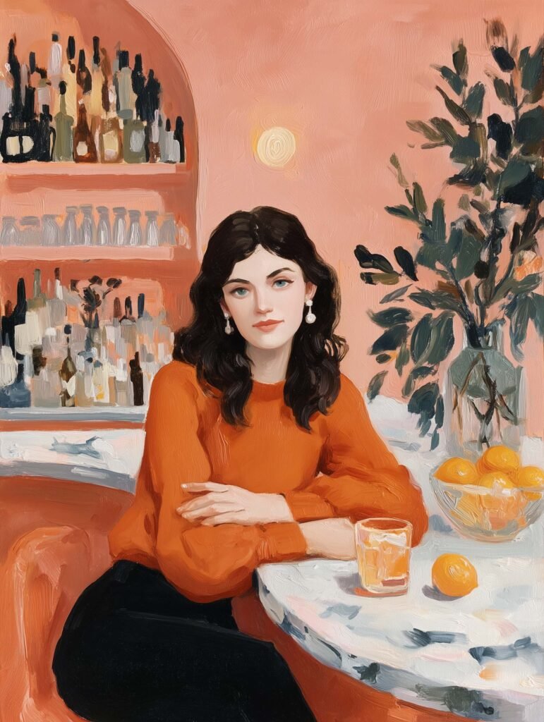 Woman at a bar with warm tones