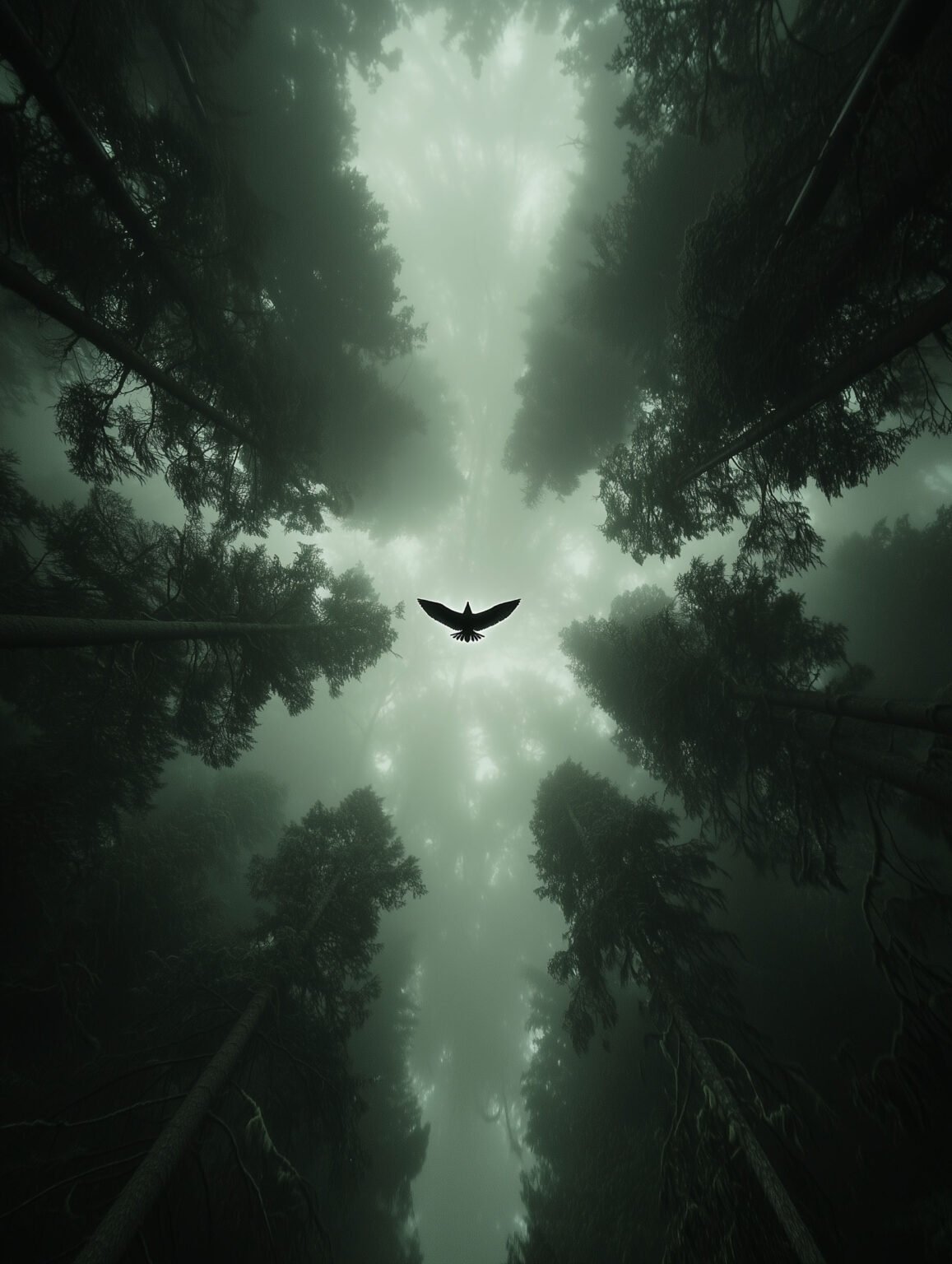 Poster of a bird soaring above misty forest trees