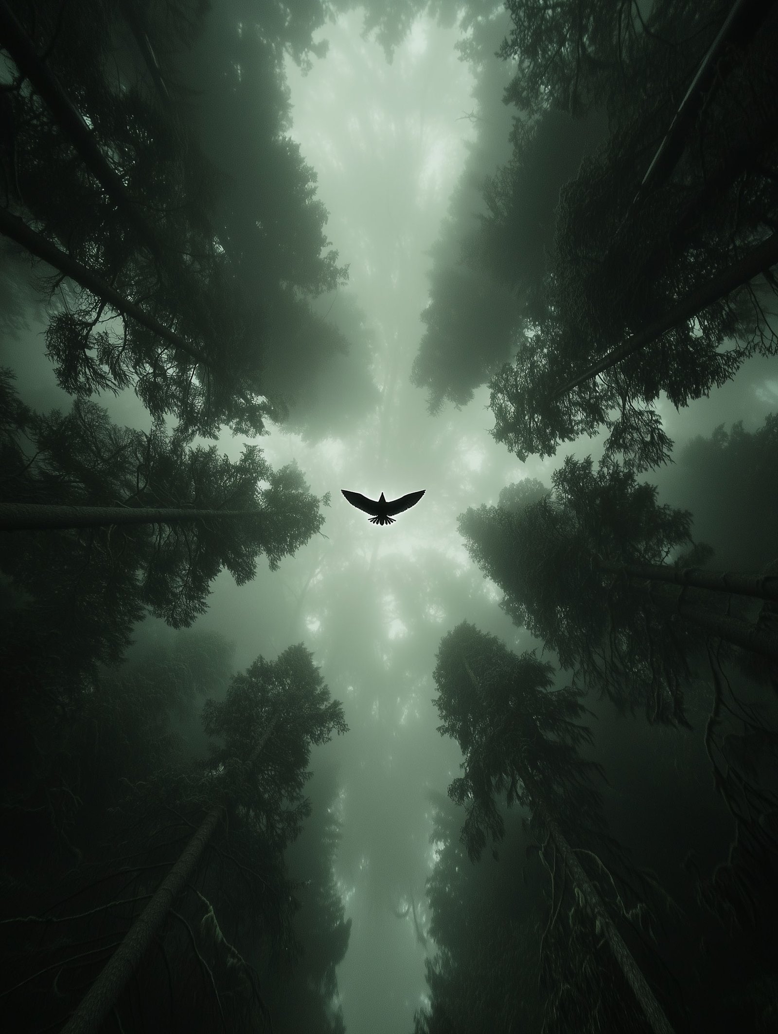 Poster of a bird soaring above misty forest trees