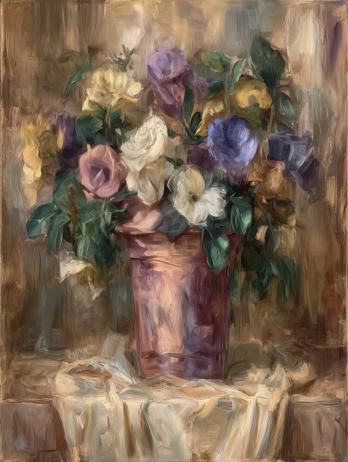 Classic oil painting poster of a timeless flower arrangement in soft brushstrokes