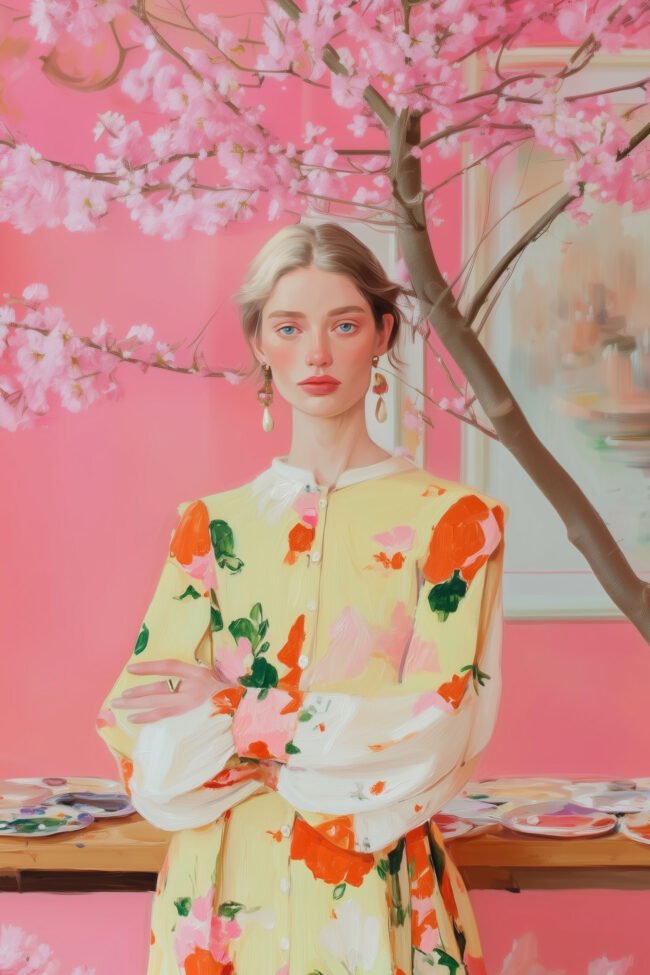 Woman beneath cherry blossoms