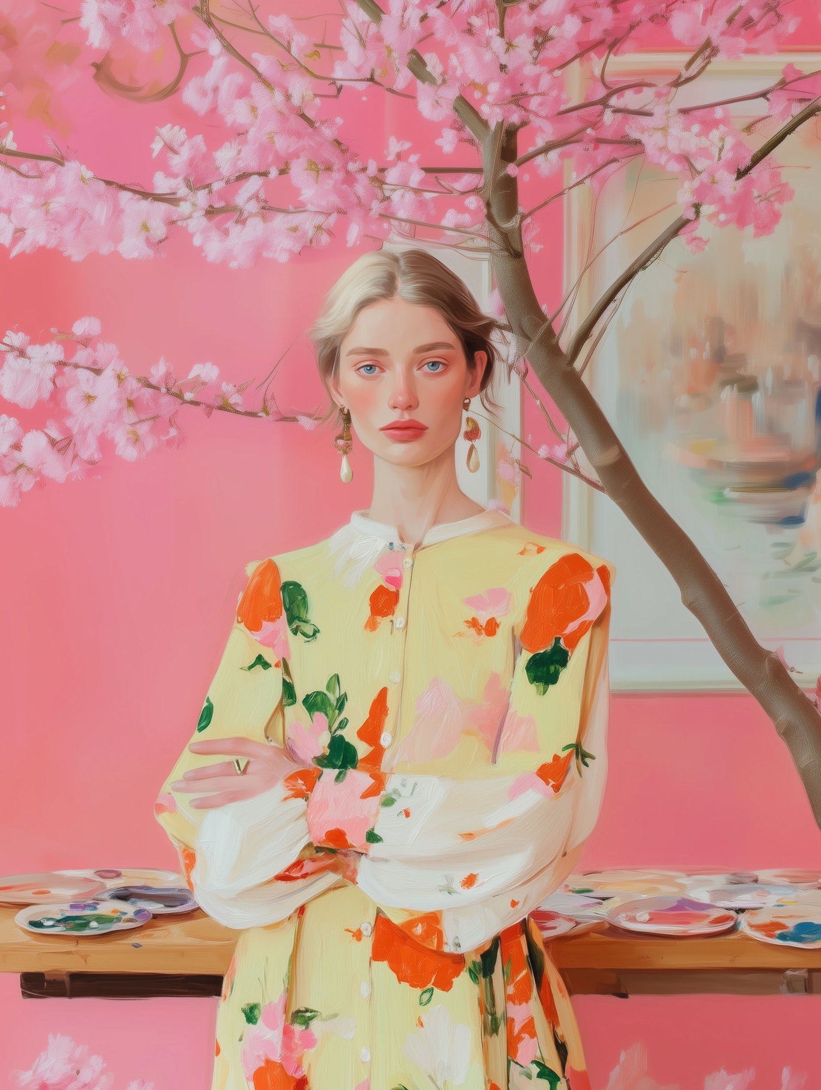 Woman beneath cherry blossoms