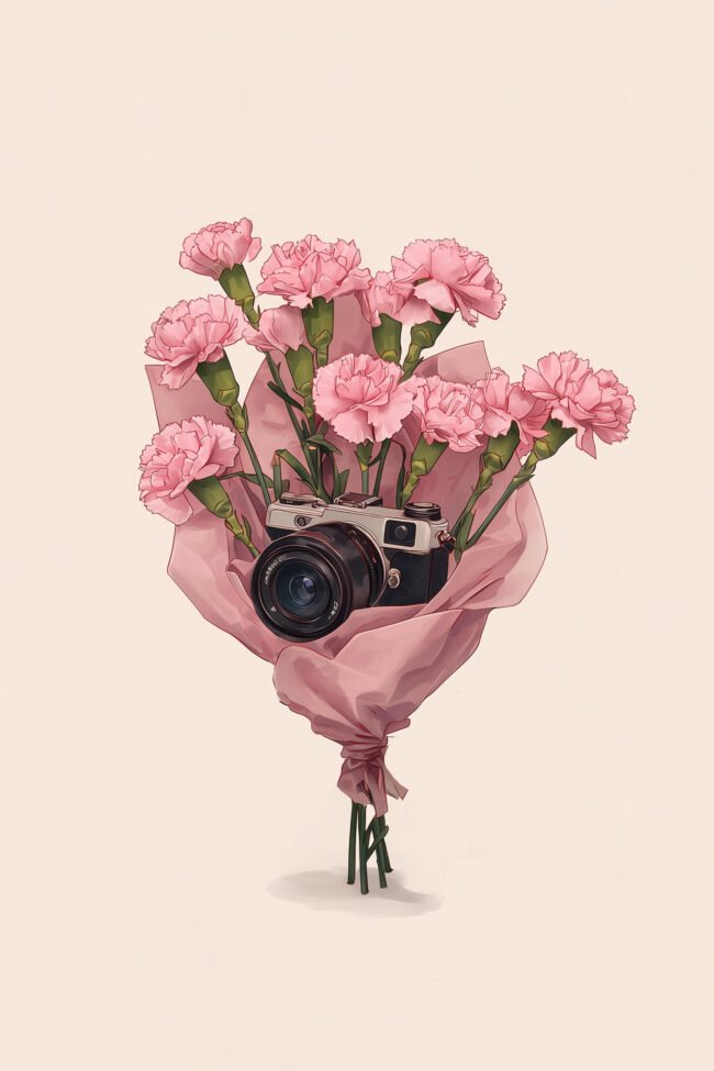 Poster of a pink carnation bouquet with a vintage camera