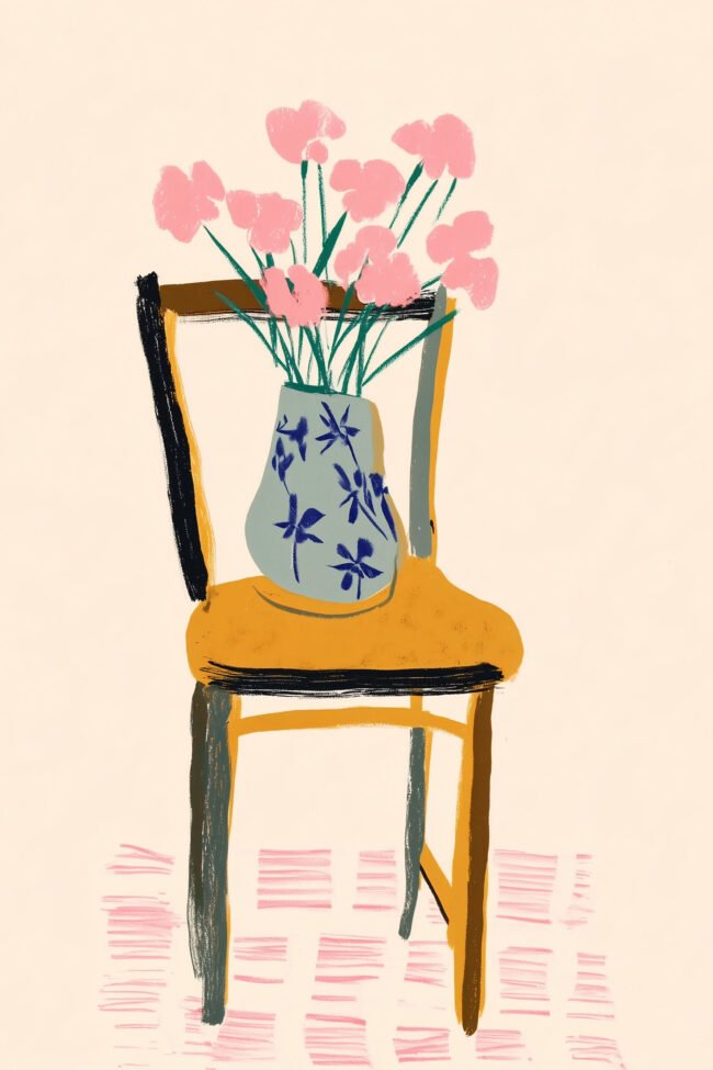 Poster of a vase with pink flowers on a wooden chair