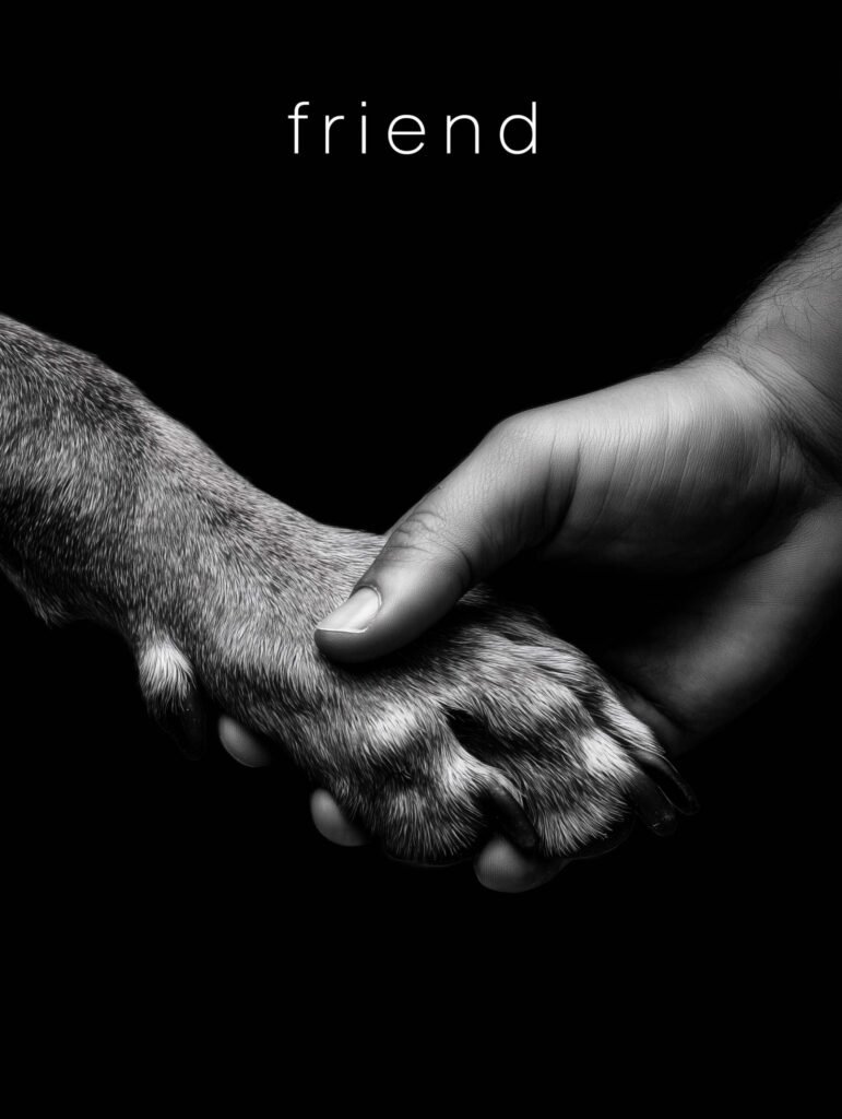 Black and white art print of a human hand holding a dog’s paw