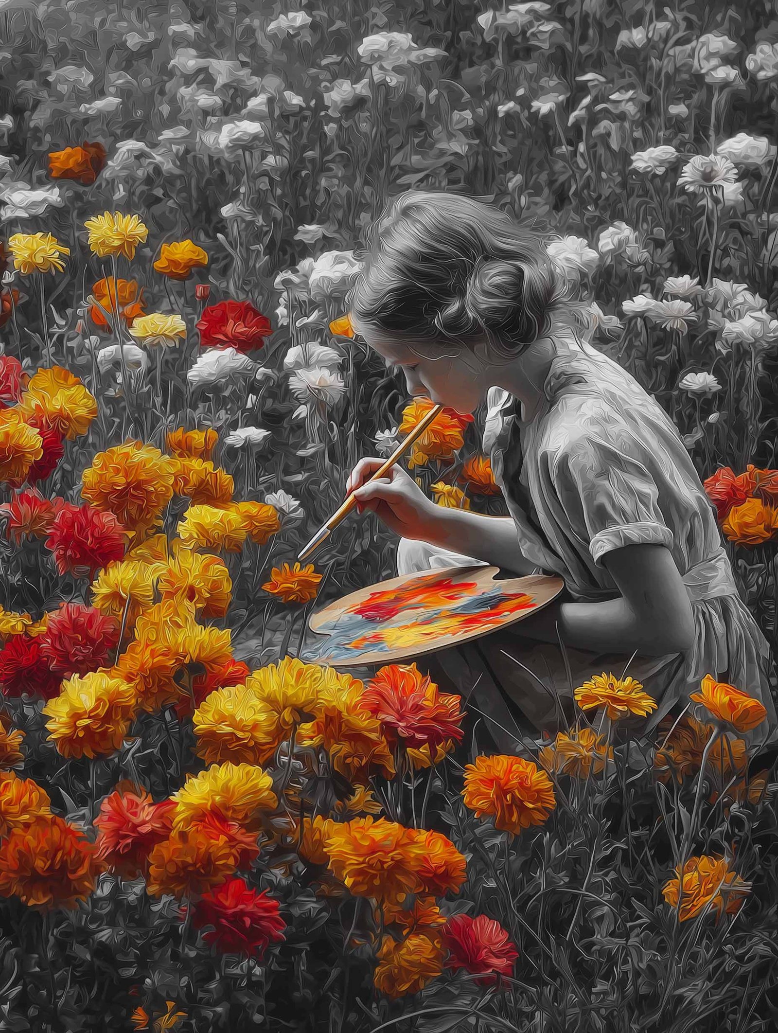 Girl painting blooms in the garden