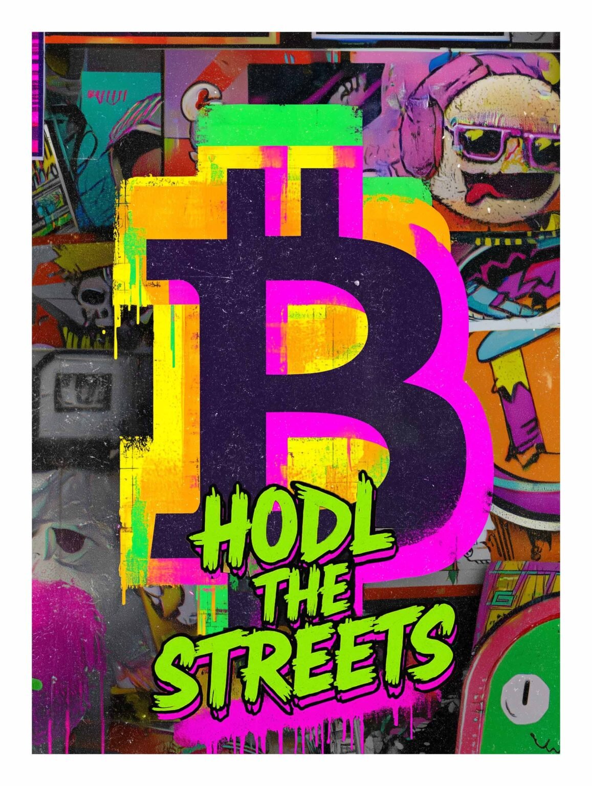 Graffiti Bitcoin symbol in neon colors