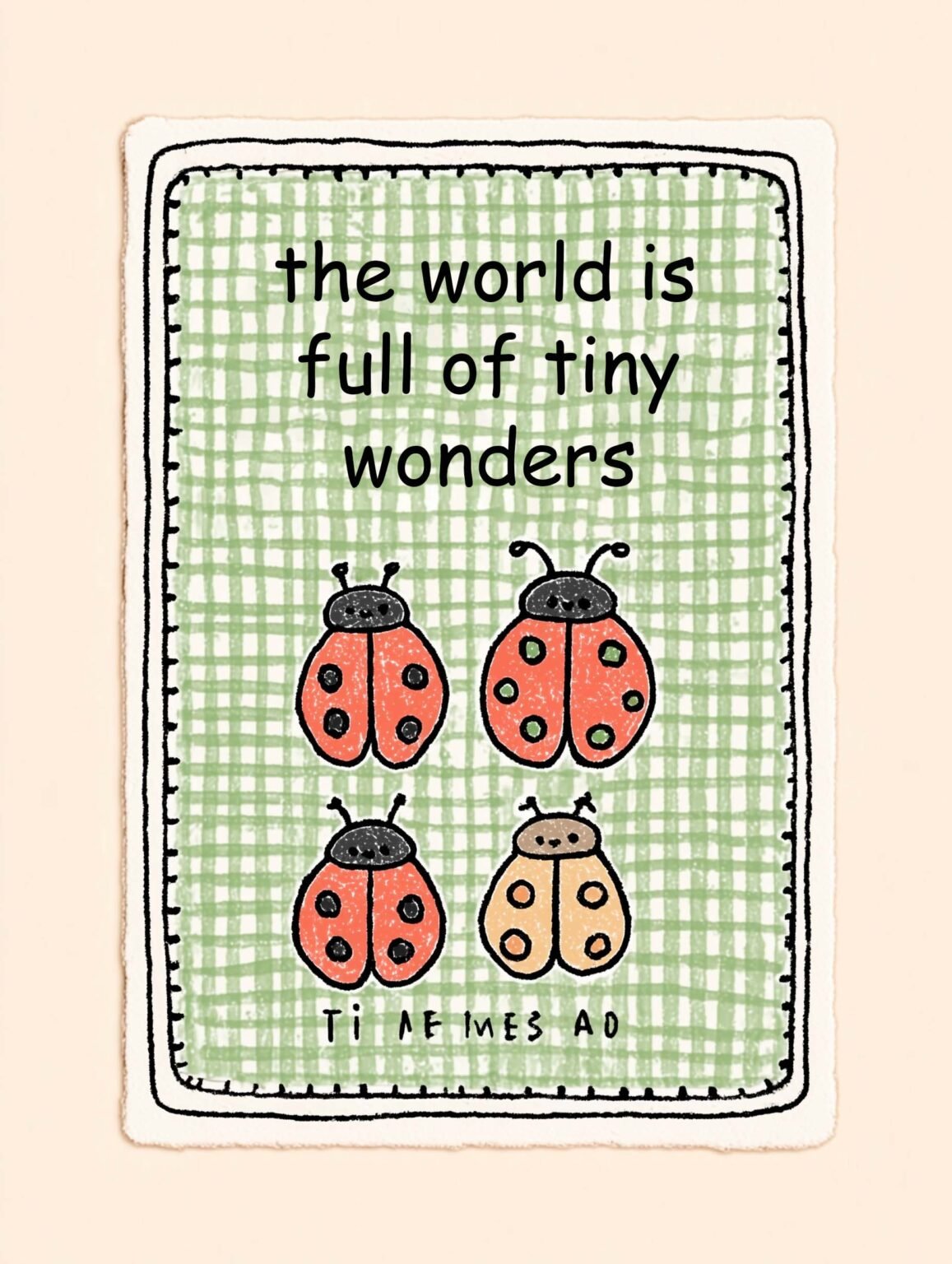 Red ladybirds and quirky text on green checks