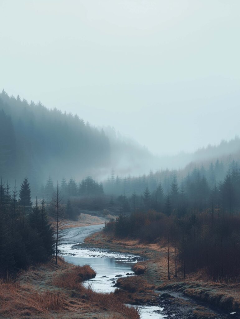 Poster of a serene mist-covered forest with a winding river