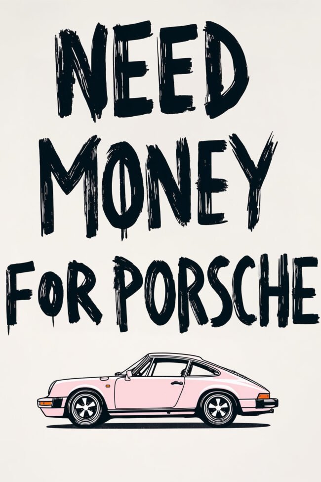 Pink Porsche and bold black text poster 