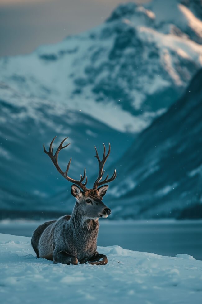 Poster of a reindeer resting in snowy Canadian mountains