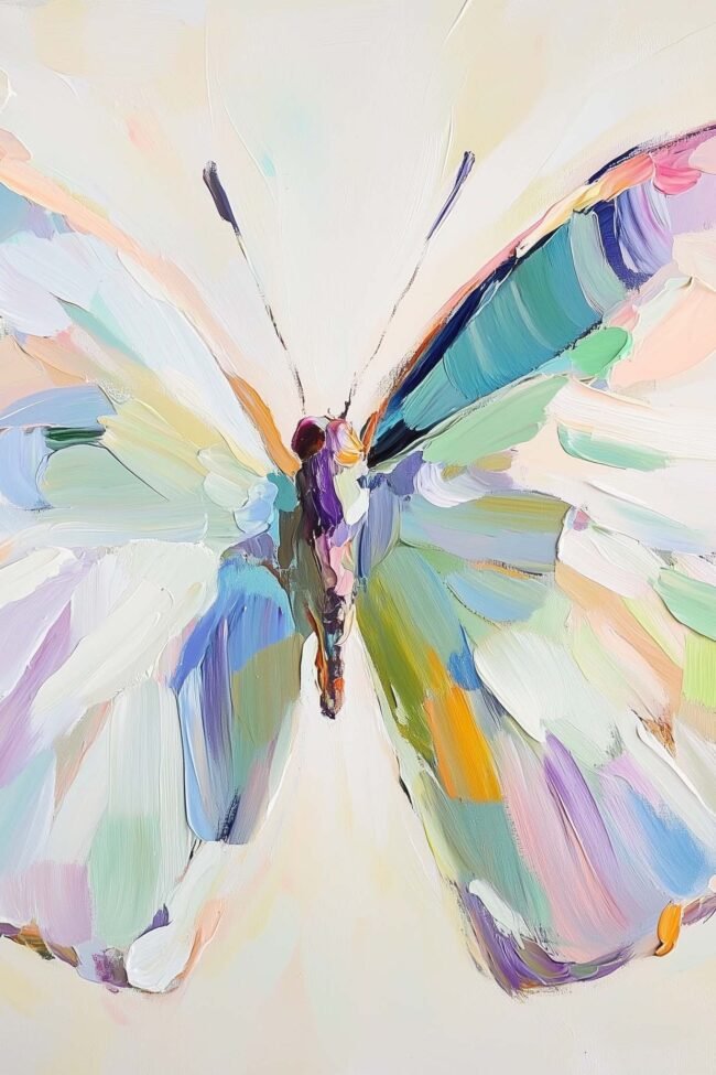 butterfly with pastel wings in pink, lavender, periwinkle, green and yellow