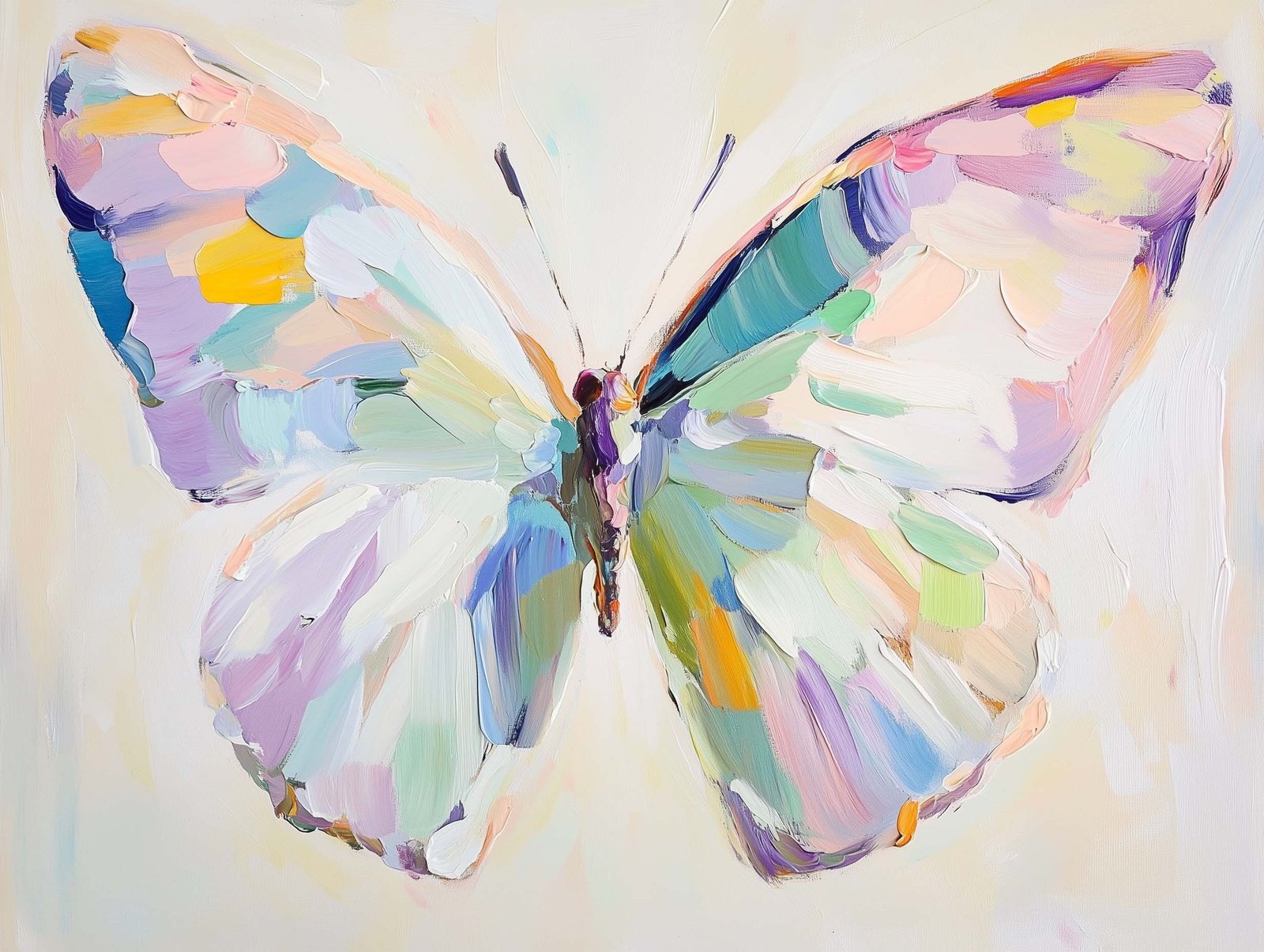 butterfly with pastel wings in pink, lavender, periwinkle, green and yellow