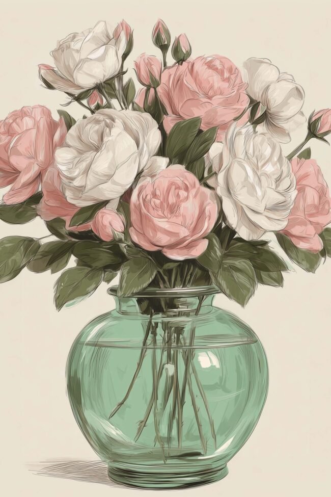 Illustrated art print of pink and white peonies in a glass vase
